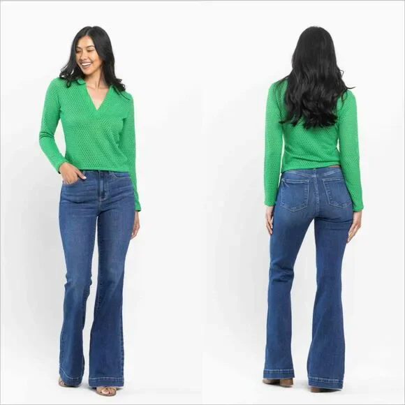 Judy Blue High Waist Wide Hem Flare Jeans Size 13/31 Medium Wash Stretch - Picture 2 of 8